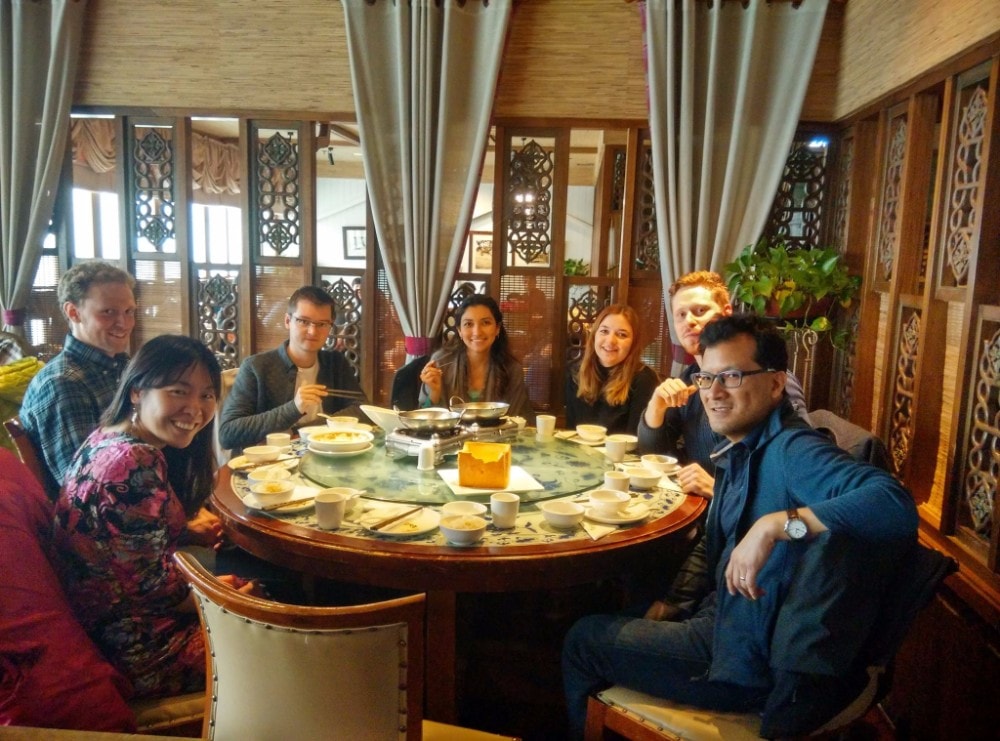 Students sat a table at a restaurant in Beijing