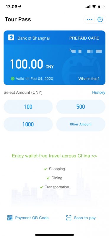 Alipay for Foreigners - Your Tourpass account after top-up
