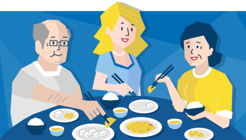 Three people sat at a table eating dumplings using chopsticks 