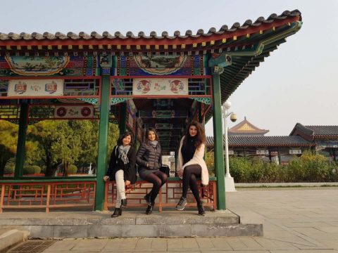 Francesca and two friends at the forbidden city in Beijing 