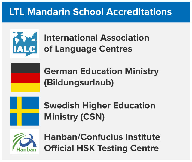 LTL accreditations: IALC, German ministry of education, Swedish higher education ministry, Hanban HSK